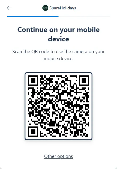 On a computer, Stripe shows a code to scan with your phone so you can use its camera, with other options underneath.