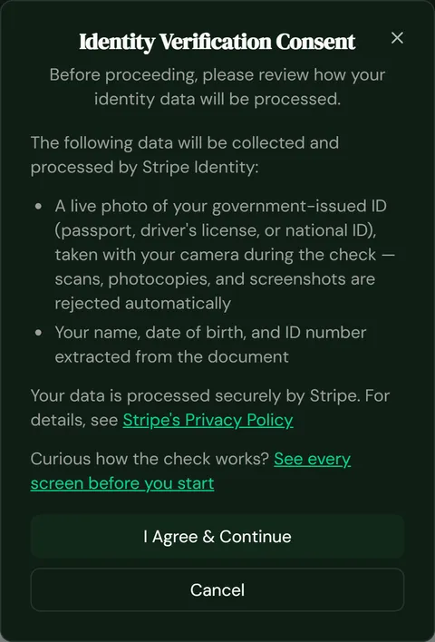 Before you leave SpareHolidays, a consent box lists exactly what Stripe will collect.