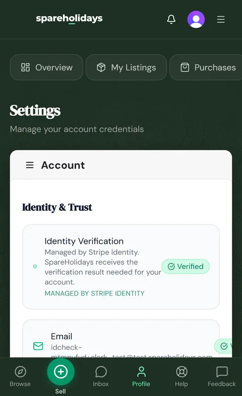 Back in your settings, the Identity & Trust card shows Verified and points you to the next step, setting up payouts.